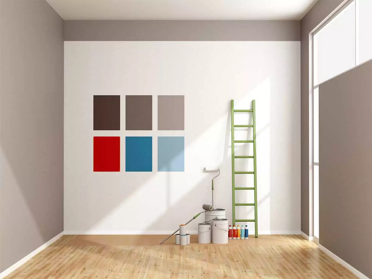 Zimmer mit 6 farbig gestrichenen Rechtecken sowie Malerwerkzeug und eine grüne Leiter